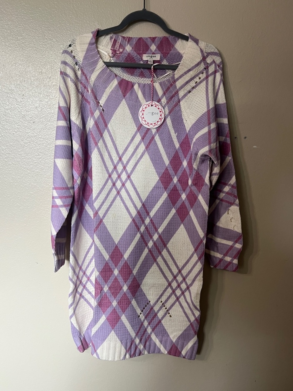 Umgee Lavender and Cream Plaid Long Sleeve Knit Dress